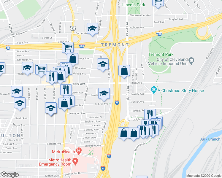 map of restaurants, bars, coffee shops, grocery stores, and more near 3133 West 16th Street in Cleveland