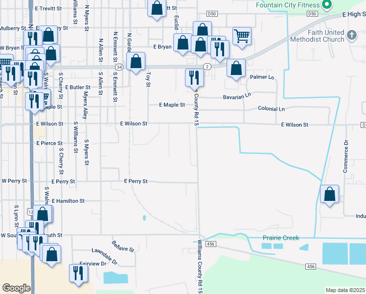 map of restaurants, bars, coffee shops, grocery stores, and more near 600 South Union Street in Bryan