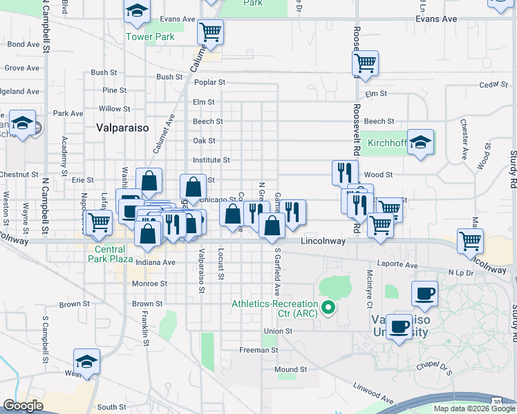 map of restaurants, bars, coffee shops, grocery stores, and more near 105 North Greenwich Street in Valparaiso