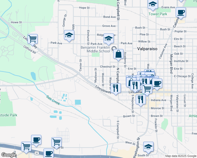 map of restaurants, bars, coffee shops, grocery stores, and more near 102 Madison Street in Valparaiso