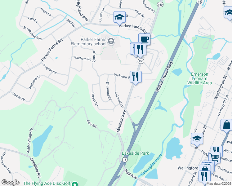 map of restaurants, bars, coffee shops, grocery stores, and more near Colonial Lane in Wallingford