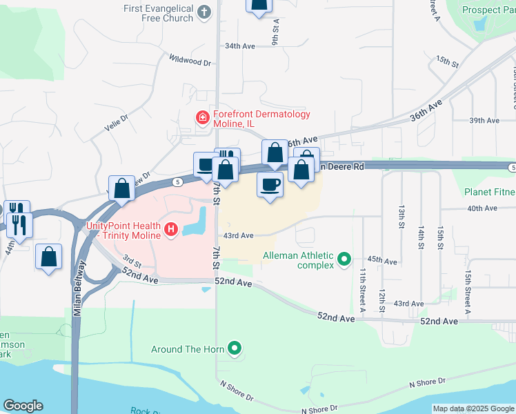 map of restaurants, bars, coffee shops, grocery stores, and more near 800 42nd Avenue Drive in Moline