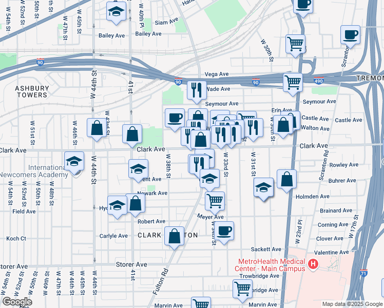 map of restaurants, bars, coffee shops, grocery stores, and more near 3124 Fulton Road in Cleveland