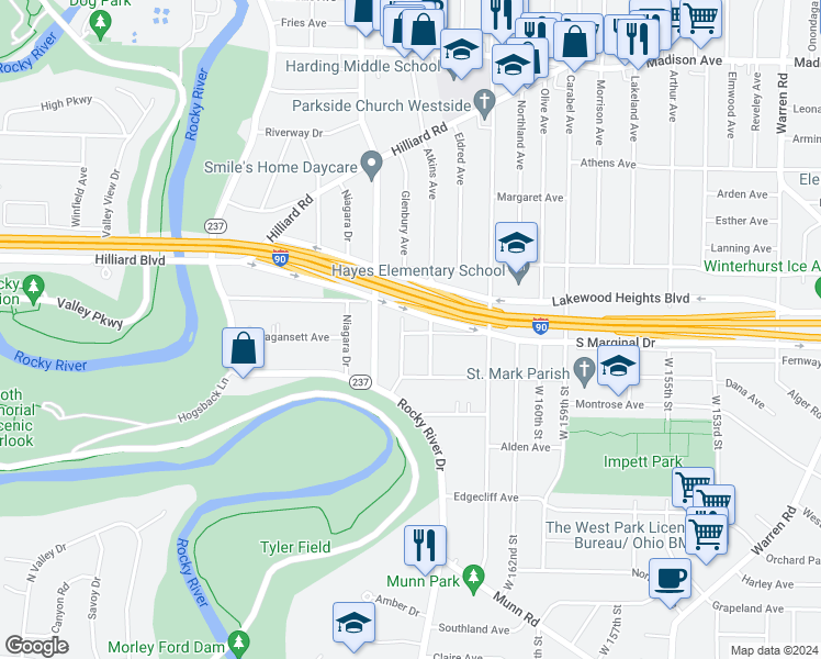 map of restaurants, bars, coffee shops, grocery stores, and more near 2275 Ogontz Avenue in Lakewood