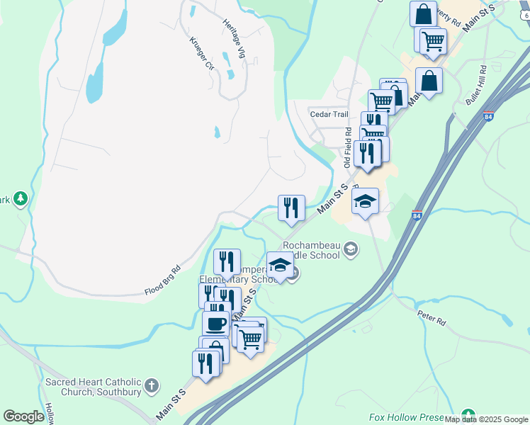 map of restaurants, bars, coffee shops, grocery stores, and more near 50 Flood Bridge Road in Southbury