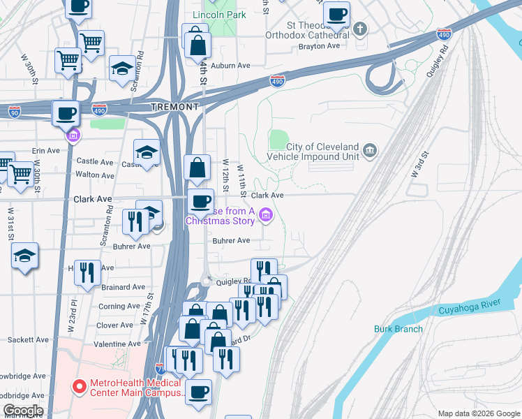 map of restaurants, bars, coffee shops, grocery stores, and more near 3139 West 11th Street in Cleveland