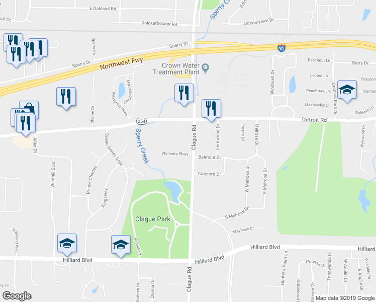 map of restaurants, bars, coffee shops, grocery stores, and more near 23740 Wonneta Parkway in Westlake