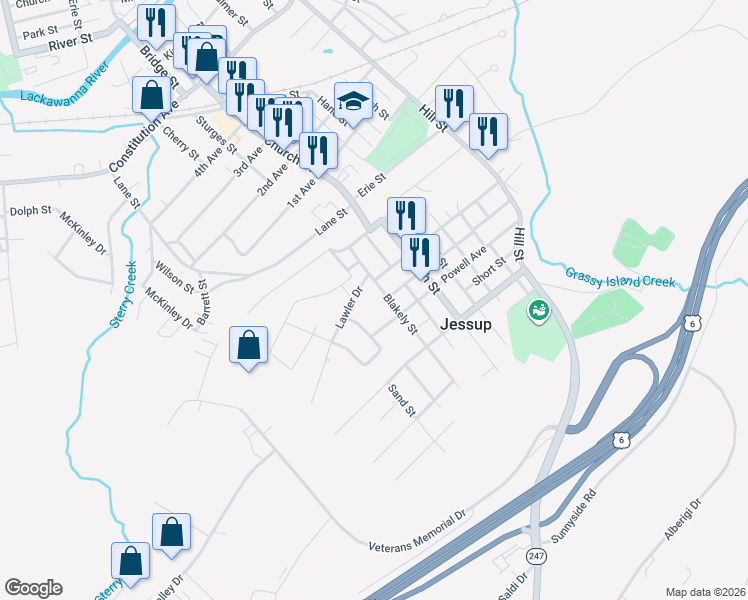map of restaurants, bars, coffee shops, grocery stores, and more near 918 Blakely Street in Jessup
