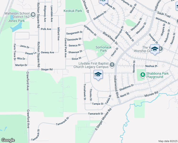 map of restaurants, bars, coffee shops, grocery stores, and more near 470 Shabbona Drive in Park Forest