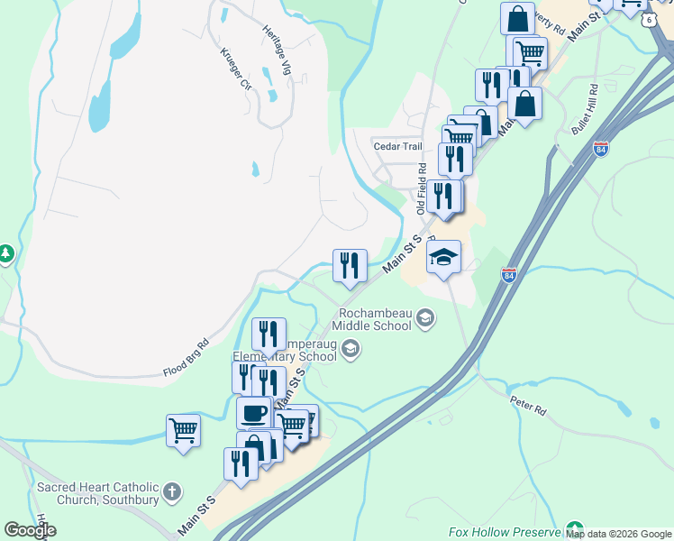 map of restaurants, bars, coffee shops, grocery stores, and more near 50 Flood Bridge Road in Southbury
