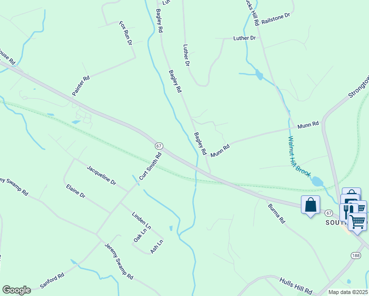 map of restaurants, bars, coffee shops, grocery stores, and more near 1035 Southford Road in Southbury