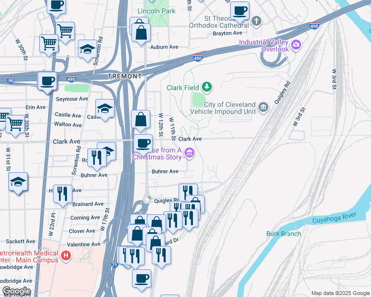 map of restaurants, bars, coffee shops, grocery stores, and more near 1120 Rowley Avenue in Cleveland