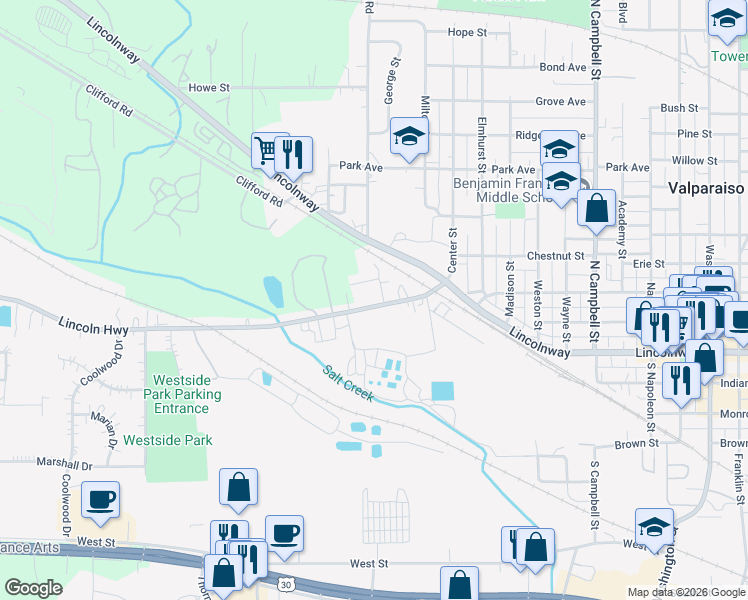 map of restaurants, bars, coffee shops, grocery stores, and more near 1053-1383 Joliet Rd in Valparaiso