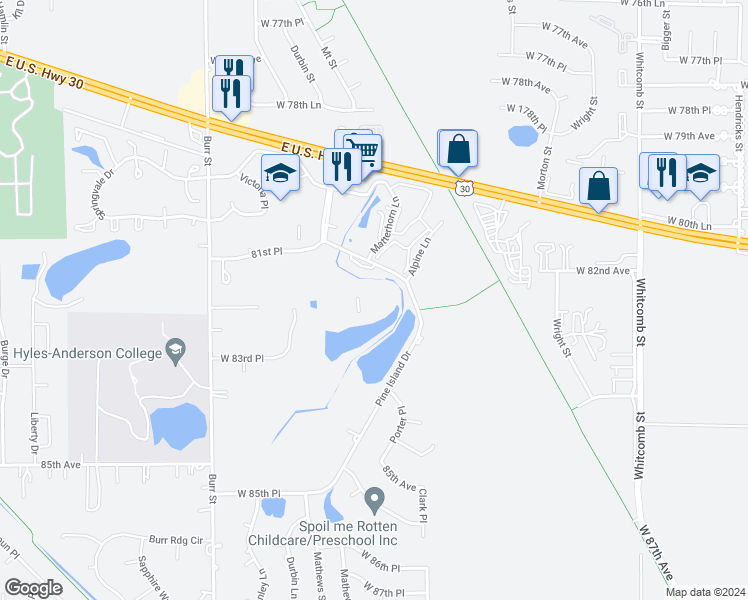 map of restaurants, bars, coffee shops, grocery stores, and more near 5033 West 82nd Court in Crown Point