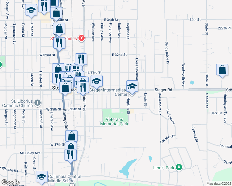 map of restaurants, bars, coffee shops, grocery stores, and more near 3414 Butler Avenue in Steger