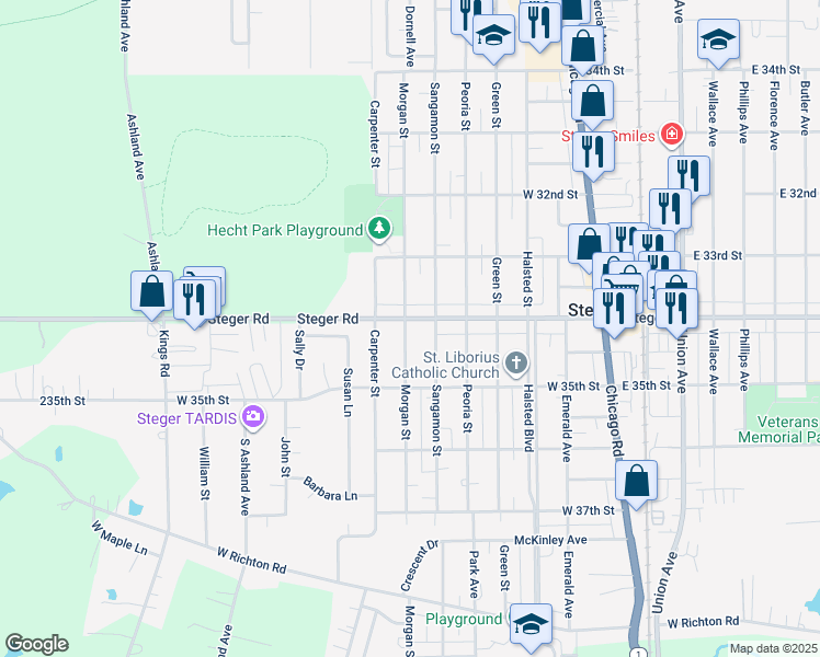 map of restaurants, bars, coffee shops, grocery stores, and more near 3423 Morgan Street in Steger