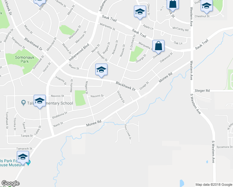 map of restaurants, bars, coffee shops, grocery stores, and more near 414 South Orchard Drive in Park Forest