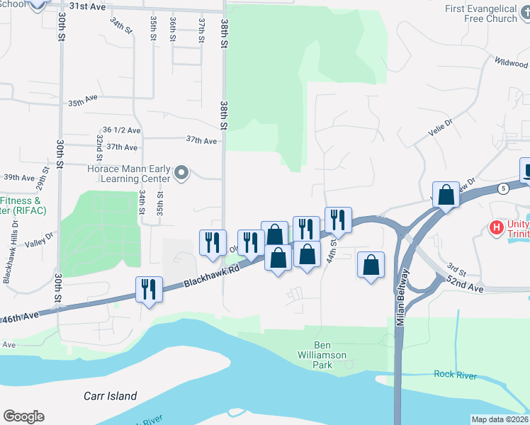 map of restaurants, bars, coffee shops, grocery stores, and more near 4141 45th Ave in Rock Island