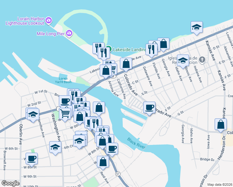 map of restaurants, bars, coffee shops, grocery stores, and more near 323 Arizona Avenue in Lorain