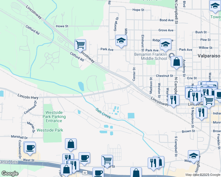 map of restaurants, bars, coffee shops, grocery stores, and more near 1053-1383 Joliet Rd in Valparaiso