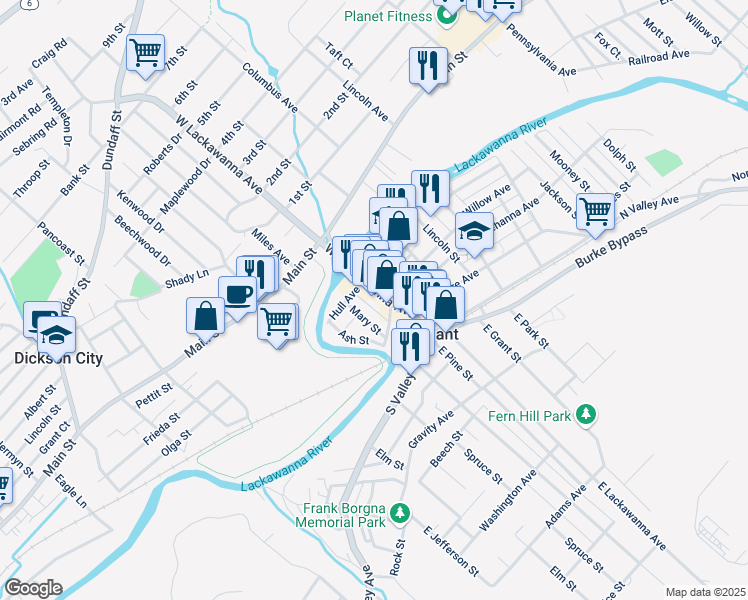 map of restaurants, bars, coffee shops, grocery stores, and more near 129-131 West Lackawanna Avenue in Olyphant