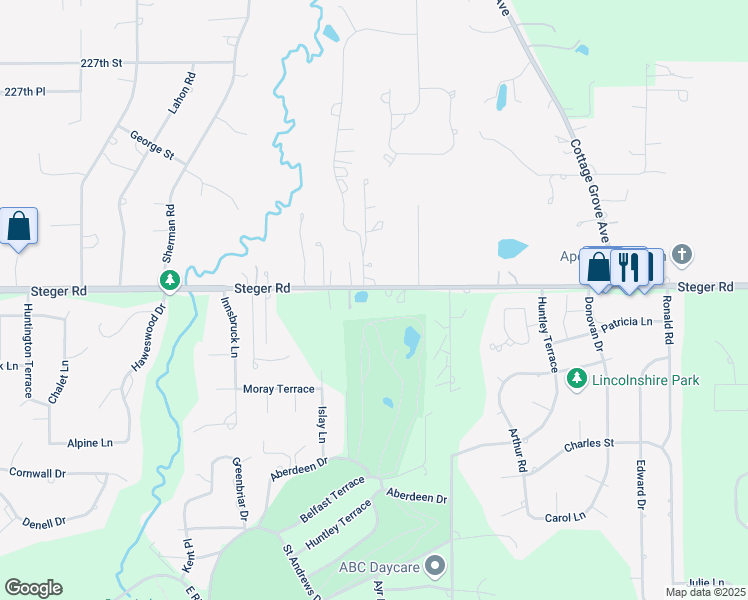 map of restaurants, bars, coffee shops, grocery stores, and more near 650 East Steger Road in Crete