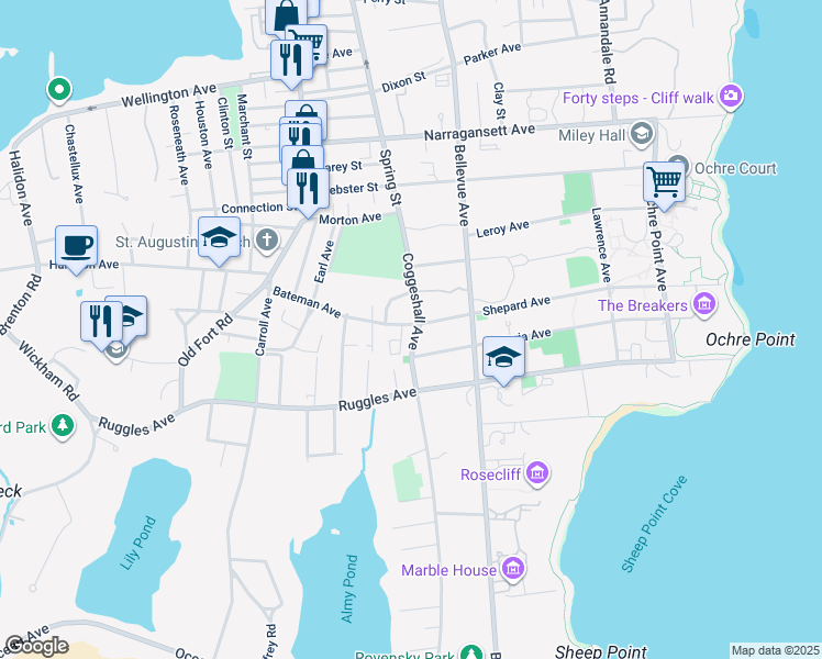 map of restaurants, bars, coffee shops, grocery stores, and more near 53 Coggeshall Avenue in Newport