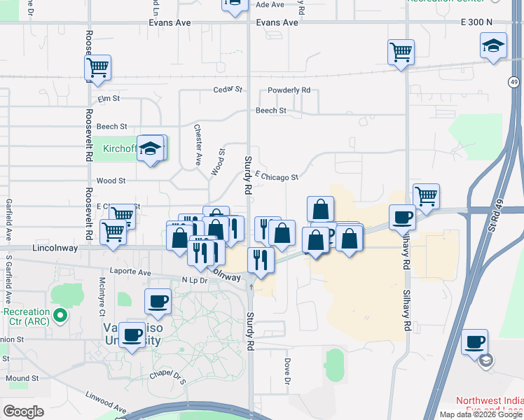 map of restaurants, bars, coffee shops, grocery stores, and more near 500 North Sturdy Road in Valparaiso