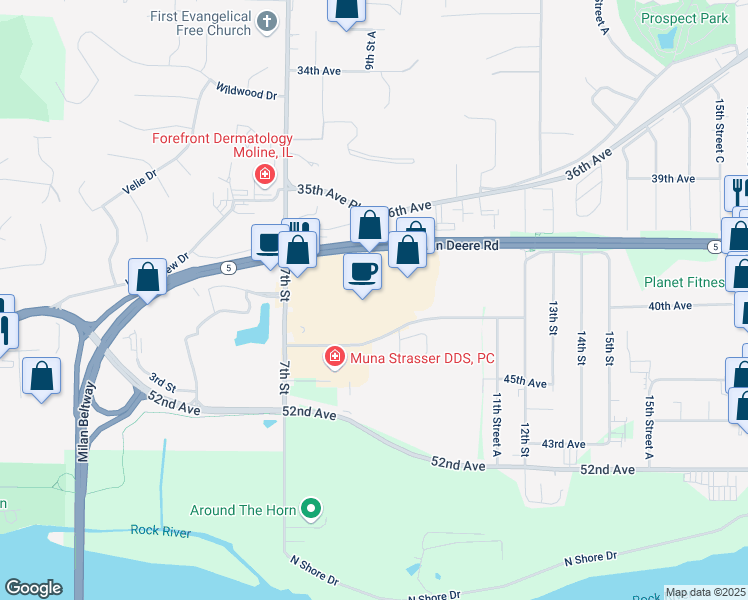 map of restaurants, bars, coffee shops, grocery stores, and more near 900 42nd Avenue Drive in Moline