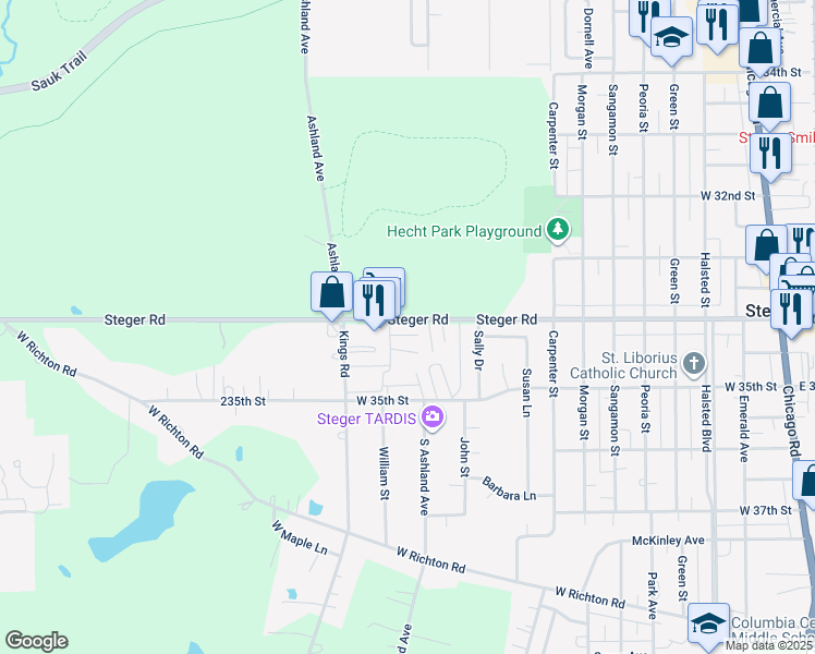 map of restaurants, bars, coffee shops, grocery stores, and more near 316 West 34th Street in Steger