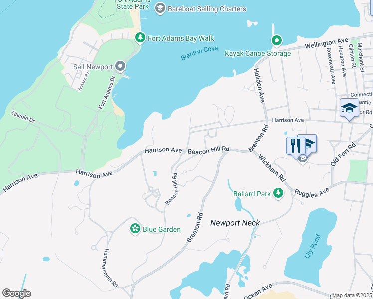 map of restaurants, bars, coffee shops, grocery stores, and more near 127 Harrison Avenue in Newport