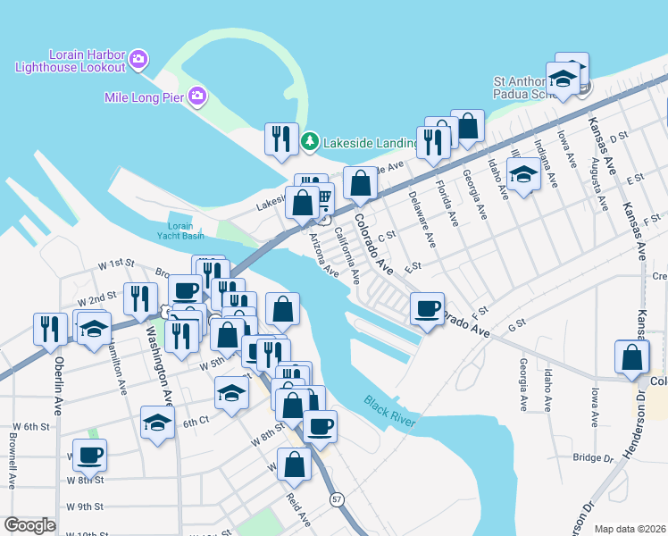 map of restaurants, bars, coffee shops, grocery stores, and more near 323 Arizona Avenue in Lorain