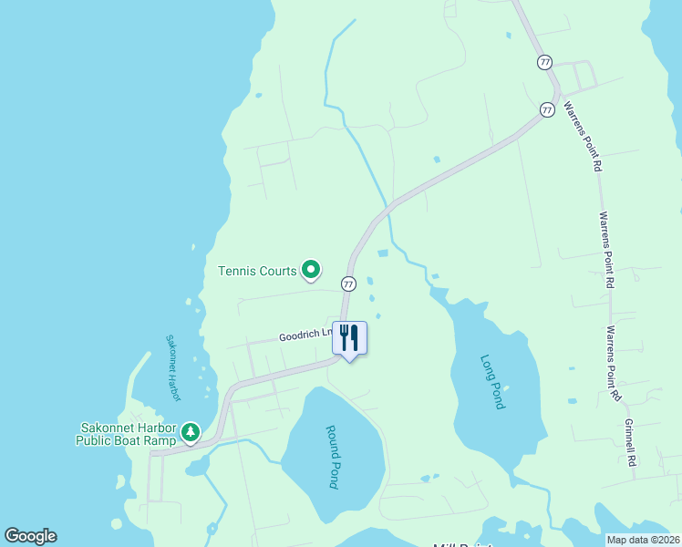 map of restaurants, bars, coffee shops, grocery stores, and more near 95 Sakonnet Point Road in Little Compton