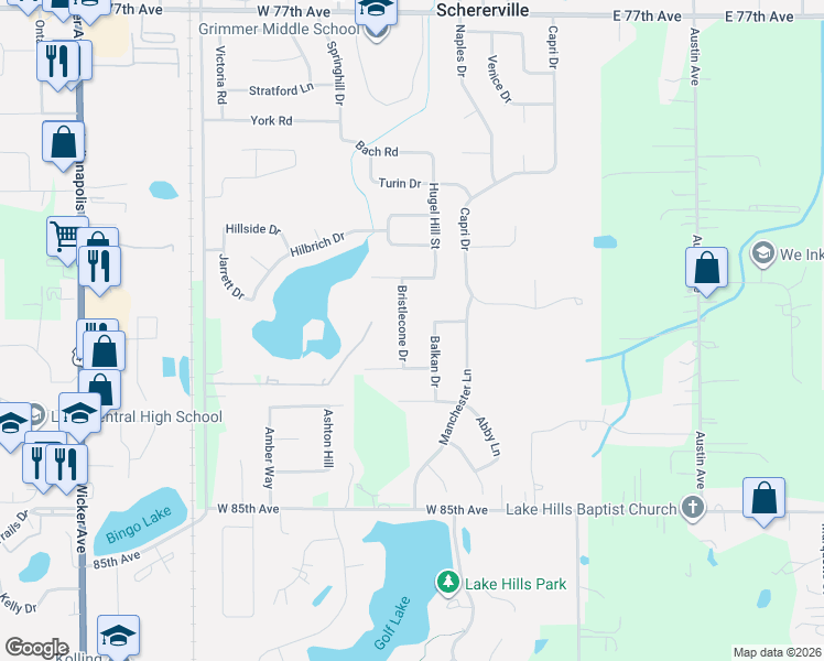 map of restaurants, bars, coffee shops, grocery stores, and more near 2921 Bristlecone Dr in Schererville