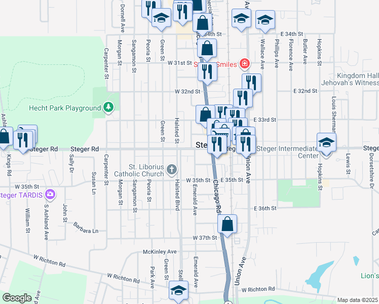 map of restaurants, bars, coffee shops, grocery stores, and more near 36 West 34th Street in Steger