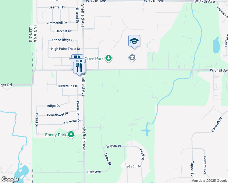 map of restaurants, bars, coffee shops, grocery stores, and more near 14805 82nd Avenue in Dyer
