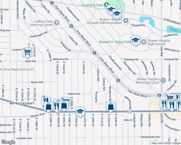 map of restaurants, bars, coffee shops, grocery stores, and more near 3308 East 149th Street in Cleveland