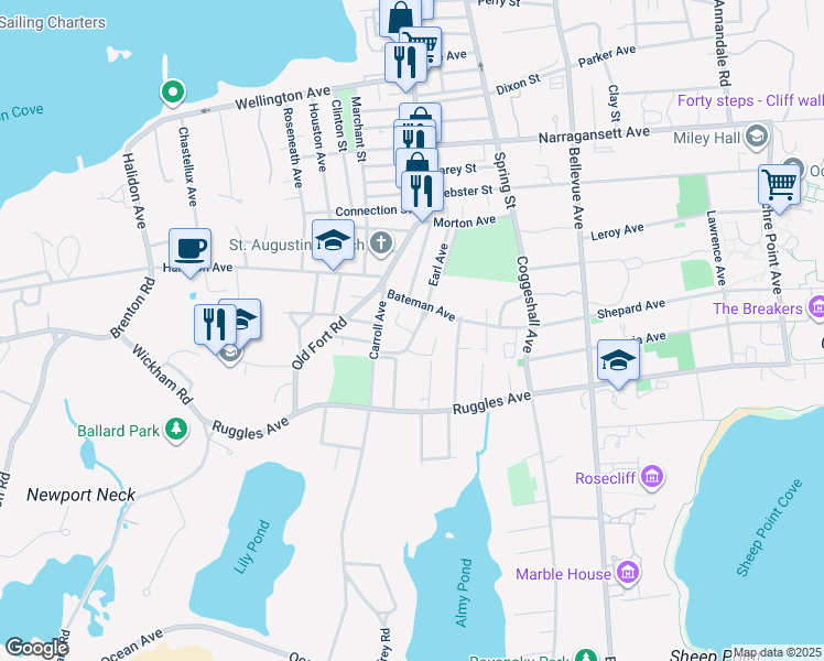 map of restaurants, bars, coffee shops, grocery stores, and more near 12 Shields in Newport