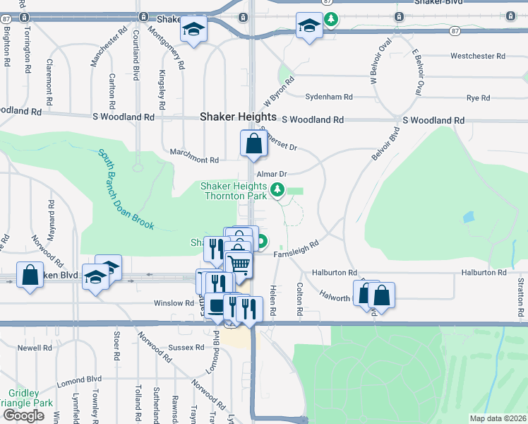 map of restaurants, bars, coffee shops, grocery stores, and more near 3333 Warrensville Center Road in Shaker Heights