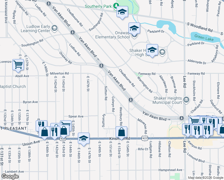 map of restaurants, bars, coffee shops, grocery stores, and more near 3329 Sutton Road in Shaker Heights