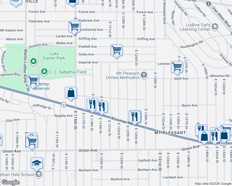 map of restaurants, bars, coffee shops, grocery stores, and more near 3304 East 123rd Street in Cleveland