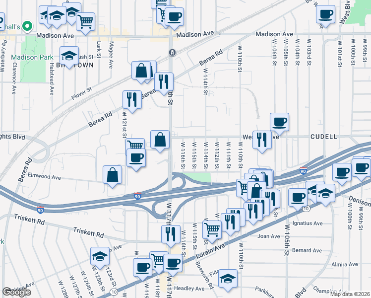 map of restaurants, bars, coffee shops, grocery stores, and more near 3066 West 116th Street in Cleveland