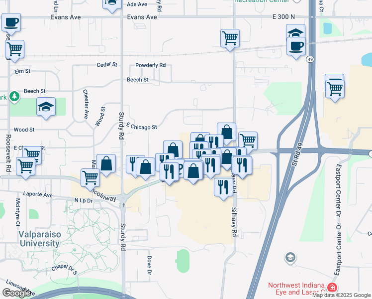 map of restaurants, bars, coffee shops, grocery stores, and more near 2421 Laporte Avenue in Valparaiso