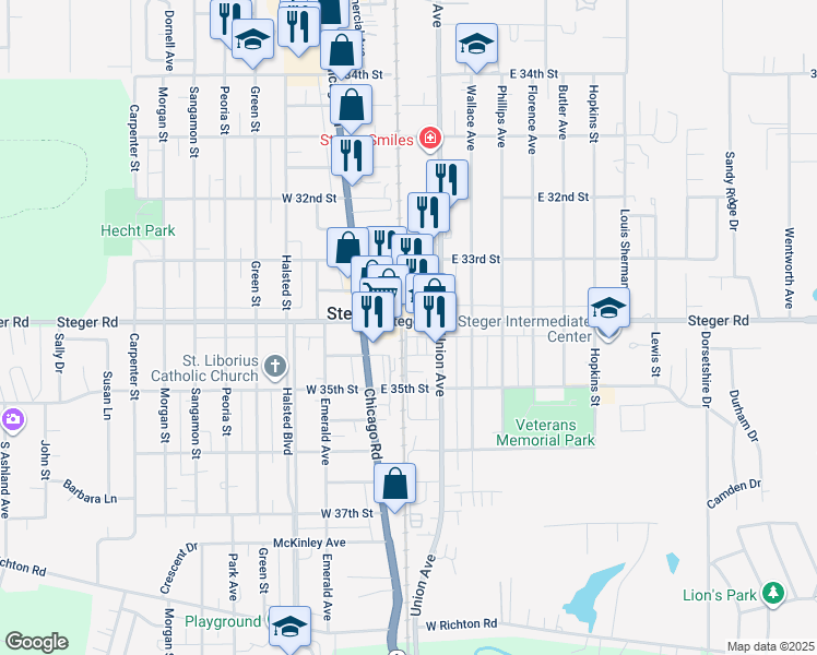 map of restaurants, bars, coffee shops, grocery stores, and more near 2 West 34th Street in Steger