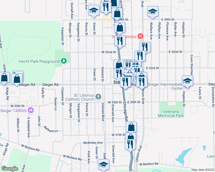 map of restaurants, bars, coffee shops, grocery stores, and more near 3414 Halsted Boulevard in Steger