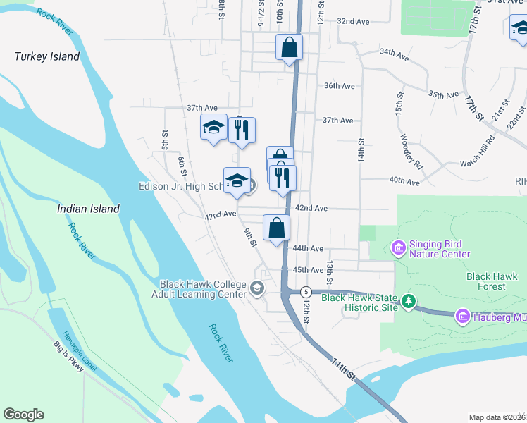 map of restaurants, bars, coffee shops, grocery stores, and more near 932 43rd Avenue in Rock Island
