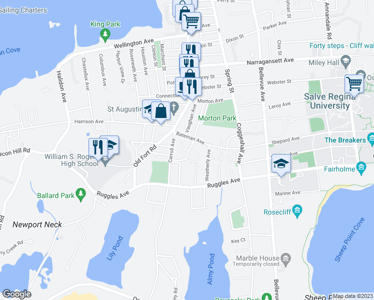 map of restaurants, bars, coffee shops, grocery stores, and more near 12 Shields in Newport