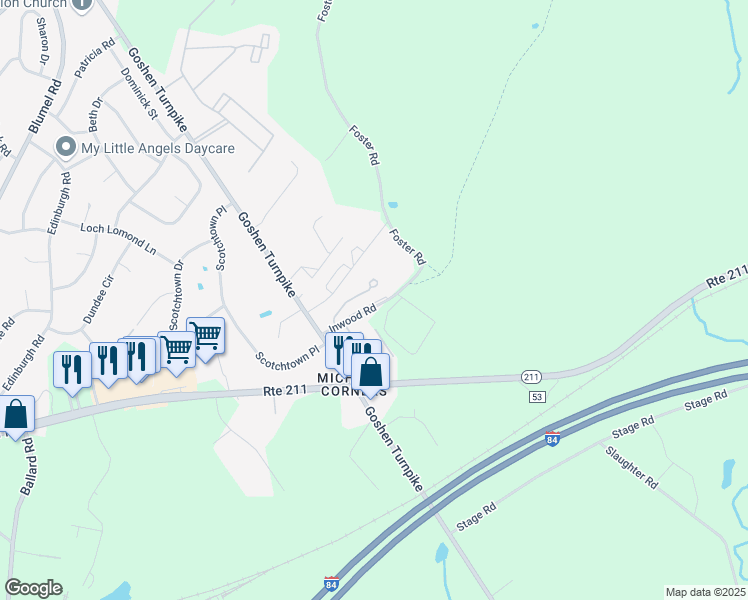 map of restaurants, bars, coffee shops, grocery stores, and more near 84 Inwood Road in Scotchtown