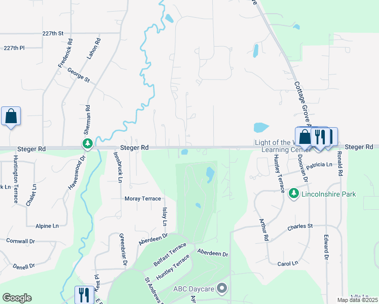 map of restaurants, bars, coffee shops, grocery stores, and more near 650 East Steger Road in Crete