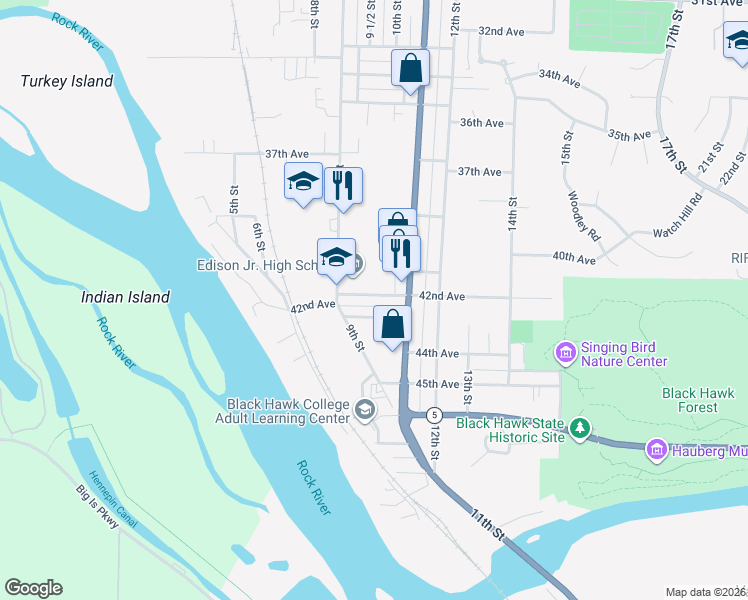 map of restaurants, bars, coffee shops, grocery stores, and more near 932 43rd Avenue in Rock Island